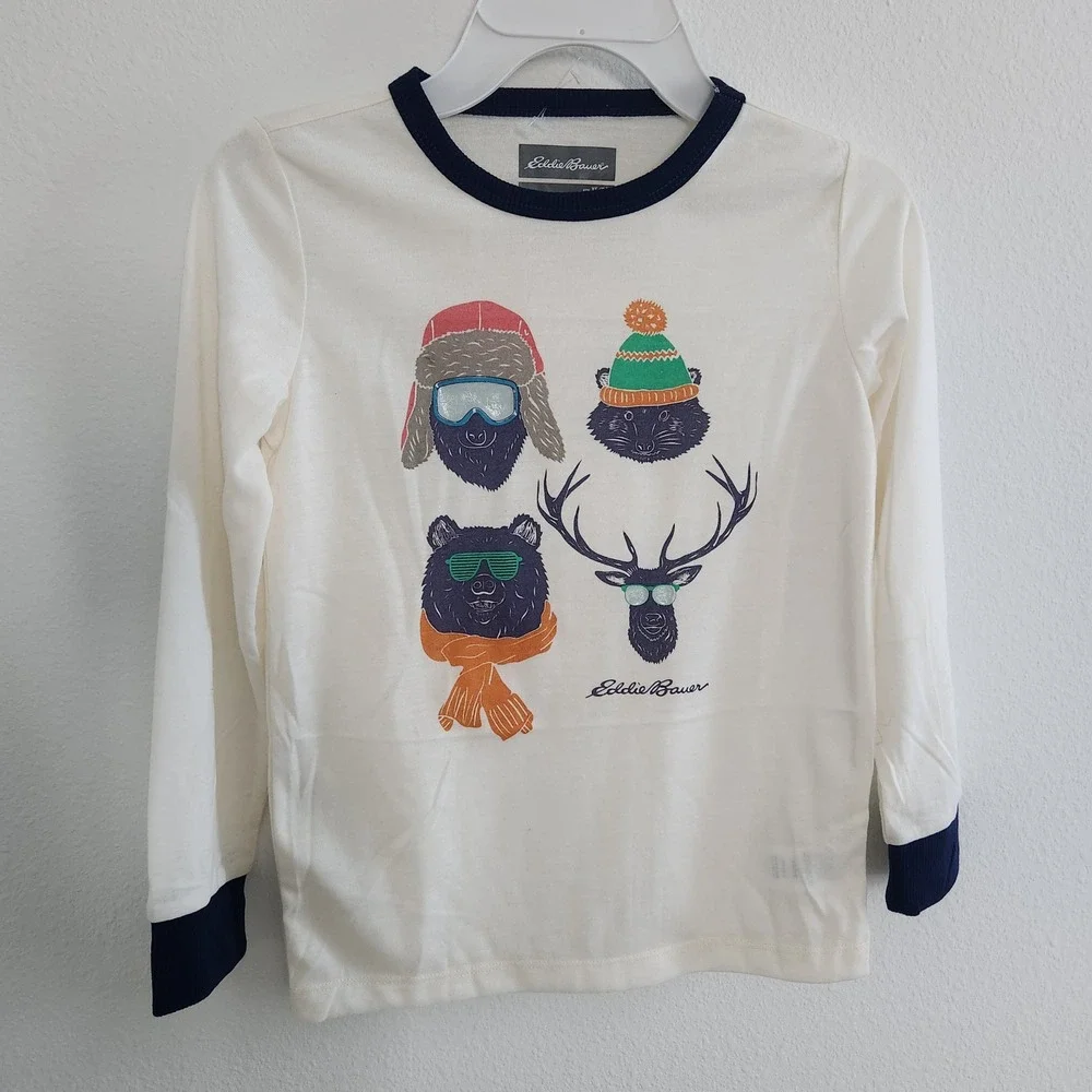 Eddie Bauer Kids Long Sleeve Graphic Tee Shirt Cream Blue Size XS 5-6 NWOT